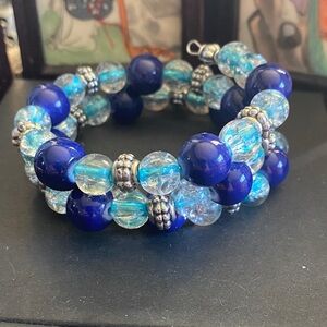 Blue and SilverTone  Glass Beaded Coil Bracelet
